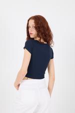 Lacivert V Yaka Modal Basic Crop T-shirt