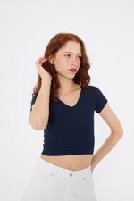 Lacivert V Yaka Modal Basic Crop T-shirt