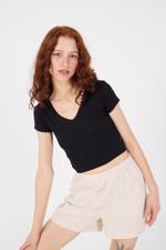 Siyah V Yaka Modal Basic Crop T-shirt