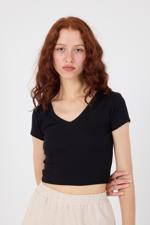 Siyah V Yaka Modal Basic Crop T-shirt