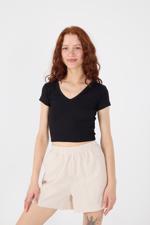 Siyah V Yaka Modal Basic Crop T-shirt