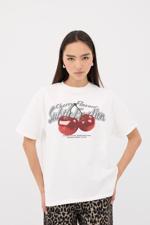 Beyaz Cherry Flavour Baskılı Bisiklet Yaka T-Shirt