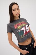 Gri MOTORCYCLE 78 Baskılı Crop T-shirt