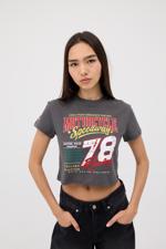 Gri MOTORCYCLE 78 Baskılı Crop T-shirt