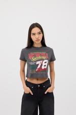 Gri MOTORCYCLE 78 Baskılı Crop T-shirt