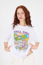 Beyaz Bisiklet Yaka CHİLL SİNCE Baskılı Oversize T-shirt