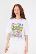 Beyaz Bisiklet Yaka CHİLL SİNCE Baskılı Oversize T-shirt