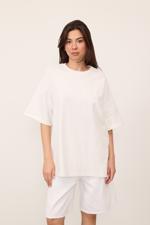 Beyaz Bisiklet Yaka Katlama Kol Basic Oversize T-shirt