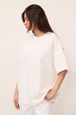 Beyaz Bisiklet Yaka Katlama Kol Basic Oversize T-shirt