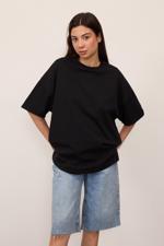 Siyah Bisiklet Yaka Katlama Kol Basic Oversize T-shirt