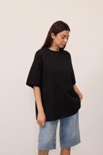 Siyah Bisiklet Yaka Katlama Kol Basic Oversize T-shirt