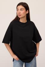 Siyah Bisiklet Yaka Katlama Kol Basic Oversize T-shirt