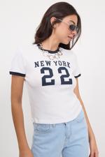 Beyaz Bisiklet Yaka New York Yazılı T-Shirt