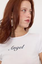 Beyaz Bisiklet Yaka Angel Yazılı T-Shirt