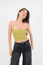 Yeşil Straplez Triko Crop Bluz