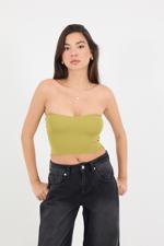 Yeşil Straplez Triko Crop Bluz