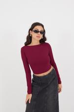 Bordo Sırt Dekolteli Uzun Kollu Crop Bluz