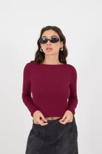 Bordo Sırt Dekolteli Uzun Kollu Crop Bluz