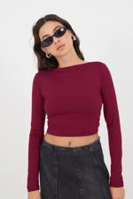 Bordo Sırt Dekolteli Uzun Kollu Crop Bluz