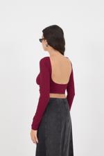 Bordo Sırt Dekolteli Uzun Kollu Crop Bluz