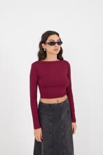 Bordo Sırt Dekolteli Uzun Kollu Crop Bluz