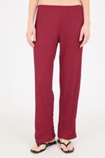 Bordo Beli Lastikli Dokulu Wide Leg Pantolon