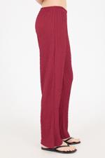 Bordo Beli Lastikli Dokulu Wide Leg Pantolon