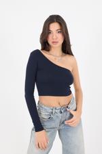 Lacivert Tek Omuz Uzun Kollu Crop Bluz