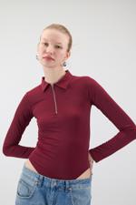 Bordo Polo Yaka Fermuarlı Bodysuit