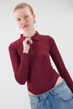 Bordo Polo Yaka Fermuarlı Bodysuit