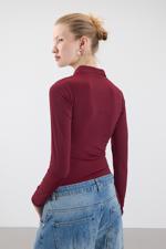 Bordo Polo Yaka Fermuarlı Bodysuit