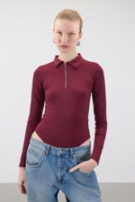 Bordo Polo Yaka Fermuarlı Bodysuit