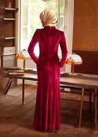 Female claret red Necklace and Belt Detail Velvet Evening Dress 5964 