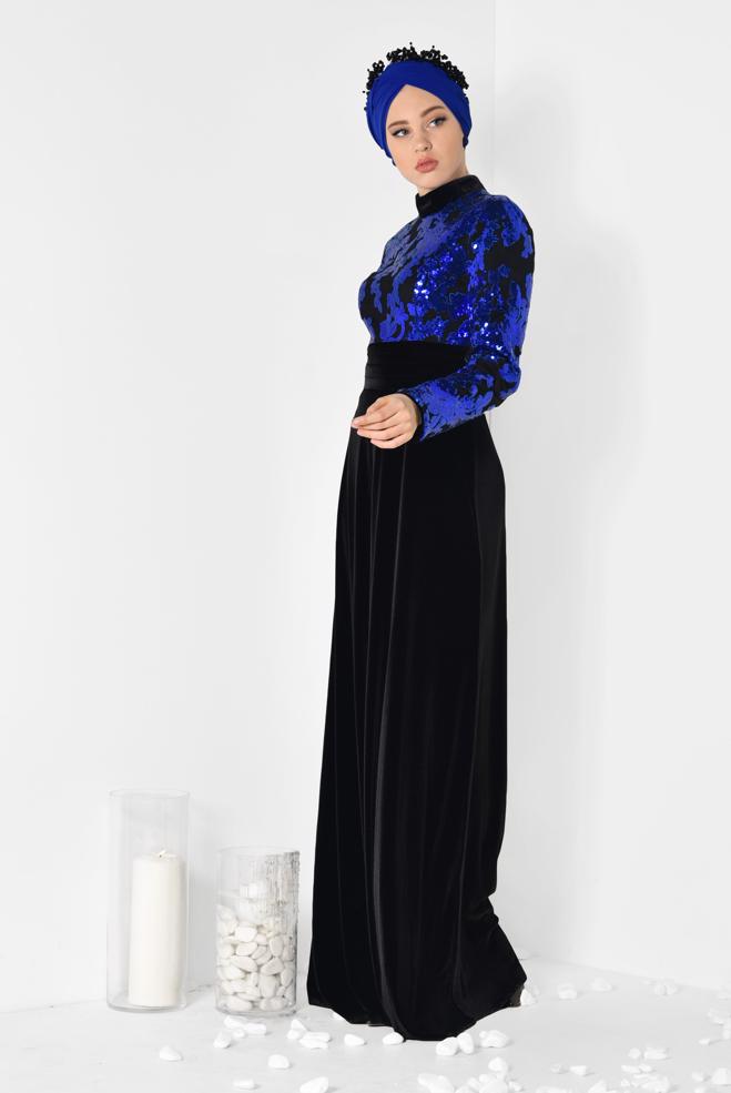 Female Navy blue Sequined Velvet Evening Dress 5974 