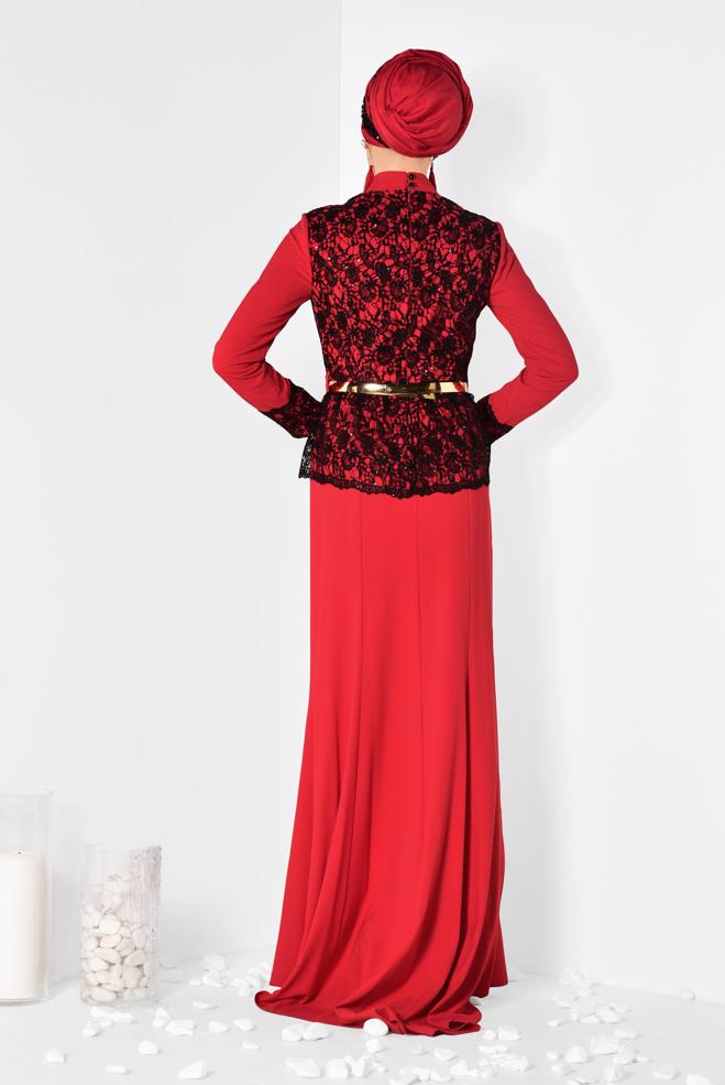 Female red Lace Detailed Evening Dress 5987 