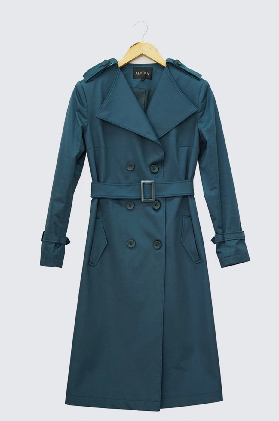 petrol blue trench coat