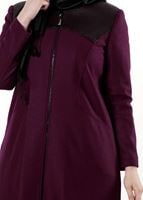 Female claret red LEATHER DETAIL ZIPPERED COAT 9410 