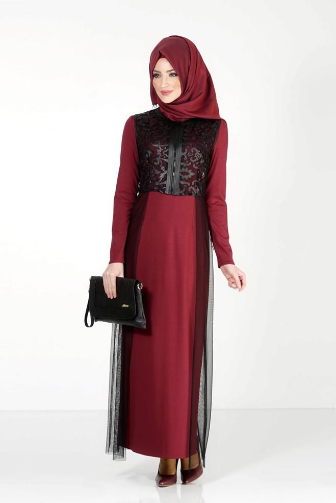 Female claret red GUIPURE DETAILED DRESS SUIT 4078 