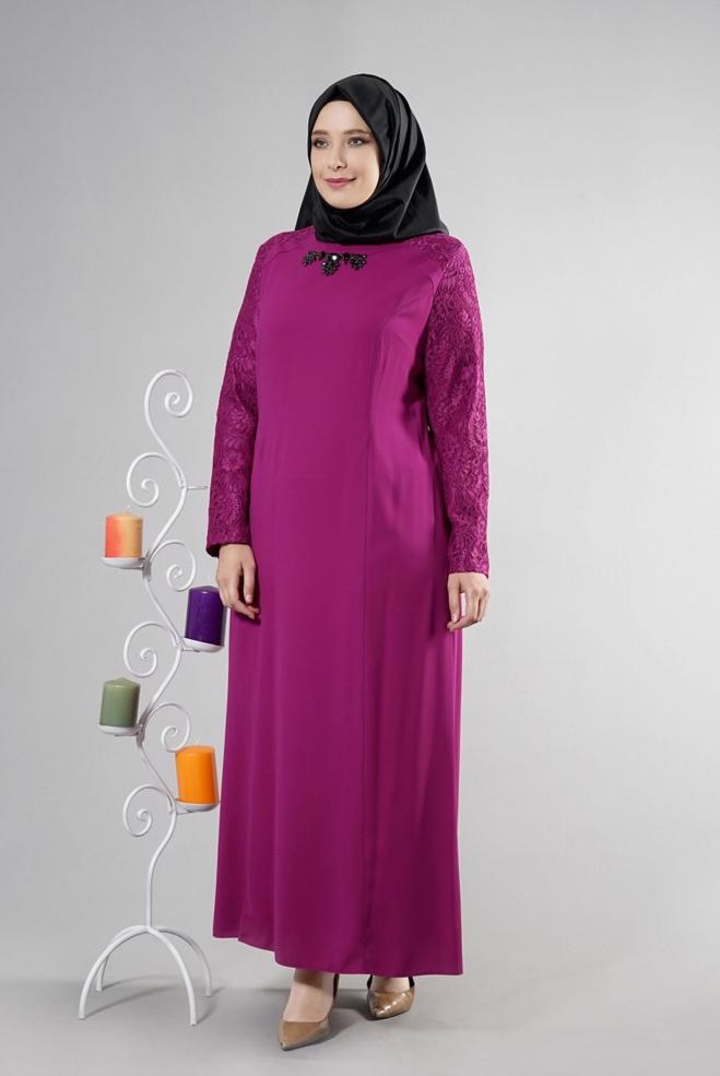 Female purple 2595 Duru Crep Tesettür Elbise 44/48 TEK42