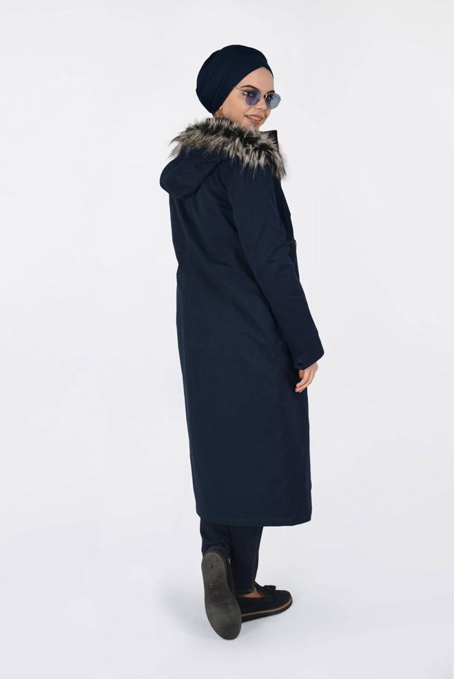 Femelle BLEU MARINE MANTEAU AVEC CAPUCHE EN FOURRURE 9761 