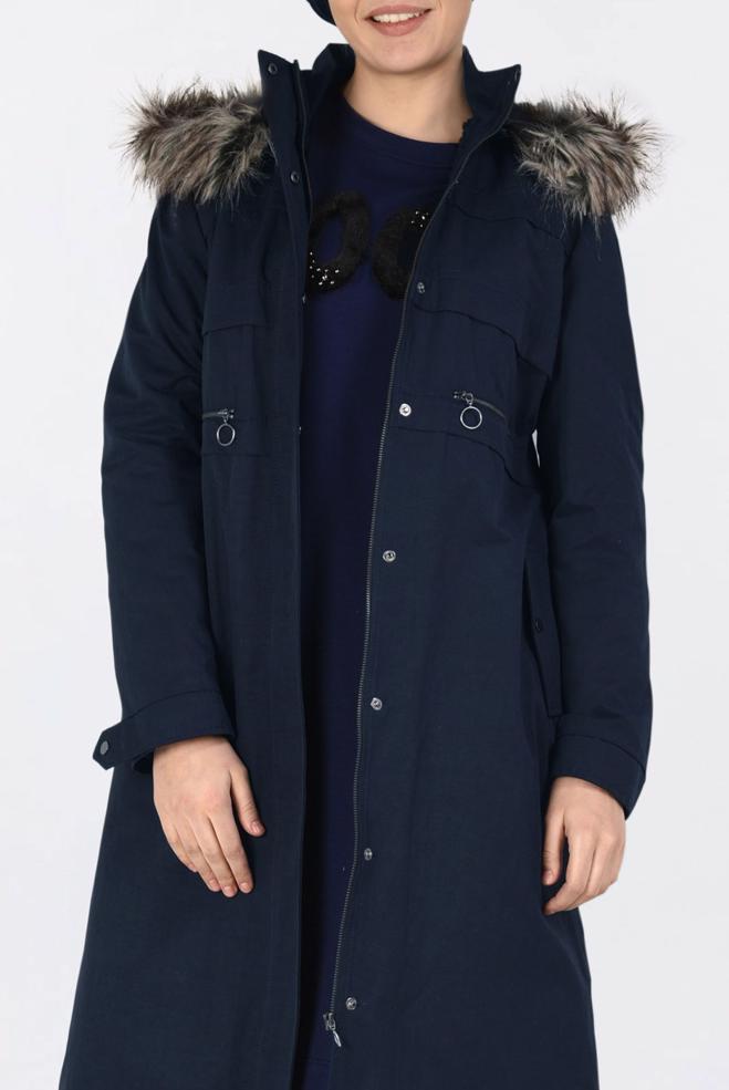 Femelle BLEU MARINE MANTEAU AVEC CAPUCHE EN FOURRURE 9761 