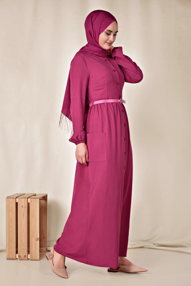 Female FUCHSIA Buttoned Belted Dress 4088
