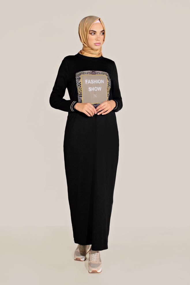 Female black WRITING-PRINTING COTTON TRACKSUIT DRESS 40609