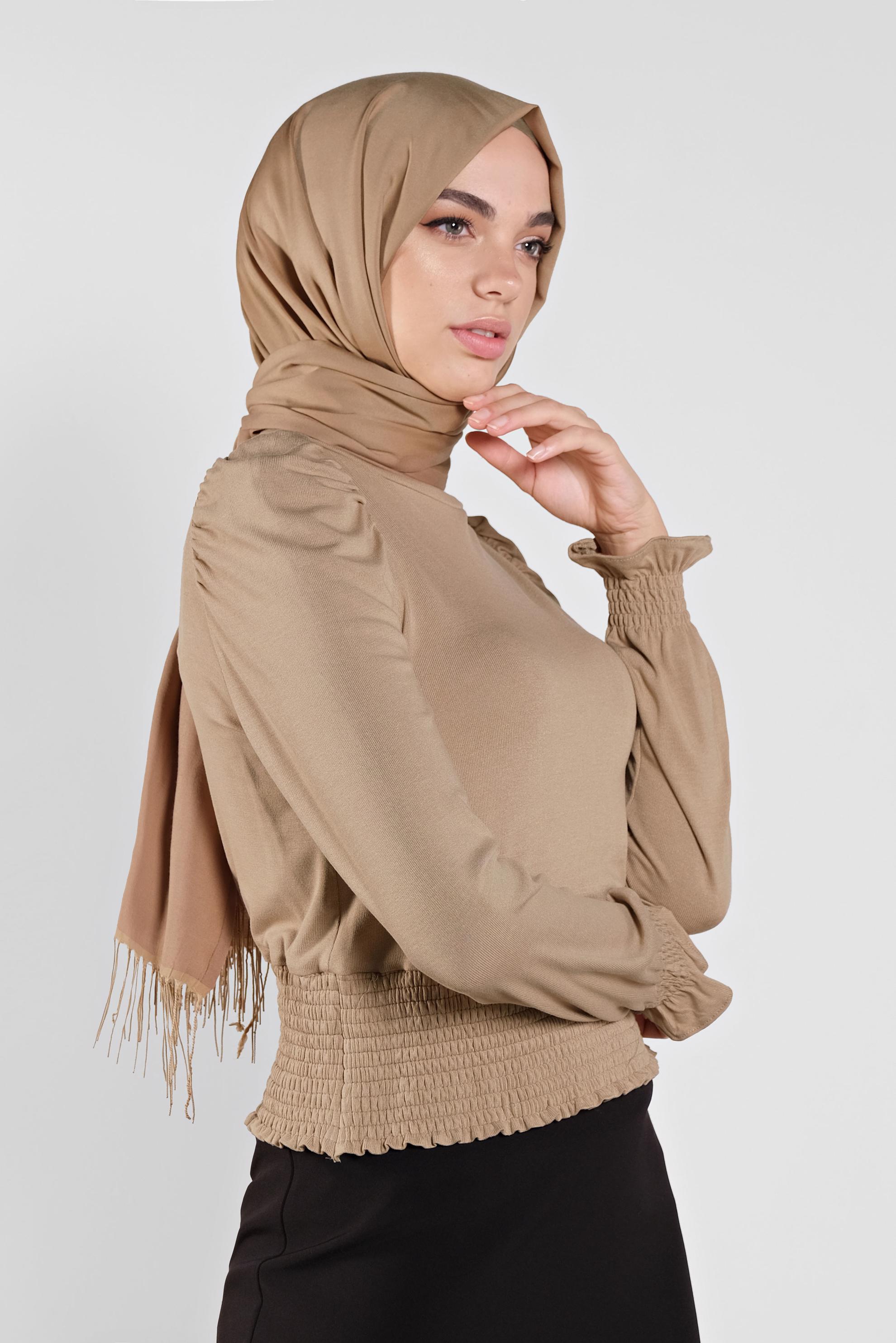 Tesettür giyim BEJ BEL KISMI LASTİKLİ BLUZ 41209
