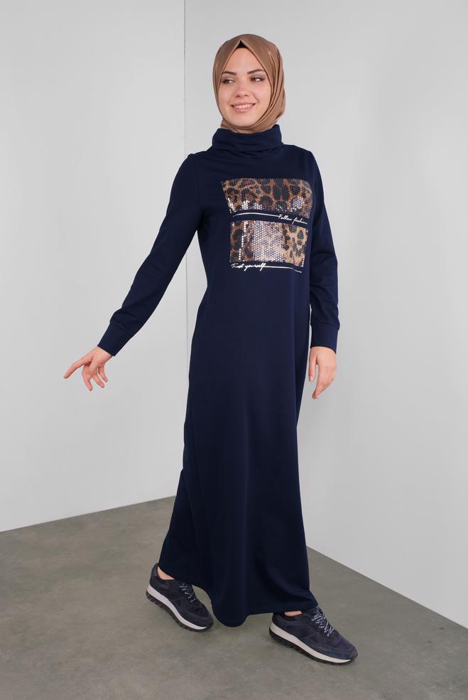 Femelle BLEU MARINE ROBE IMPRIMÉE À SEUQINS 41112