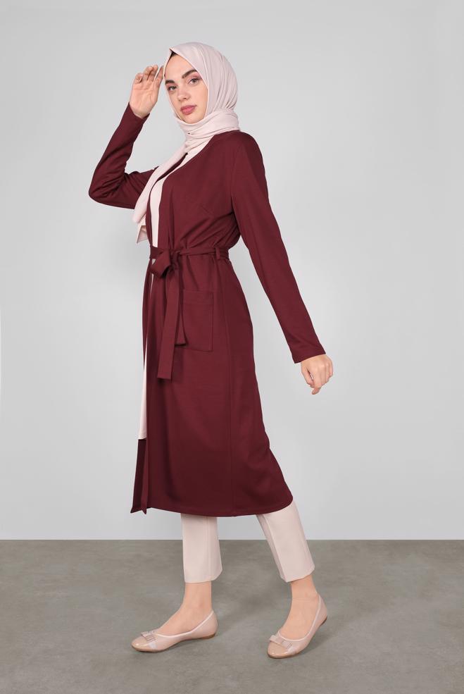 Female claret red BELTED CARDIGAN WITH POCKETS 41265