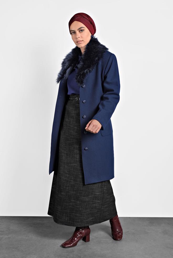 Female Navy blue FAUX-FUR COLLAR BELTED COAT 90069 