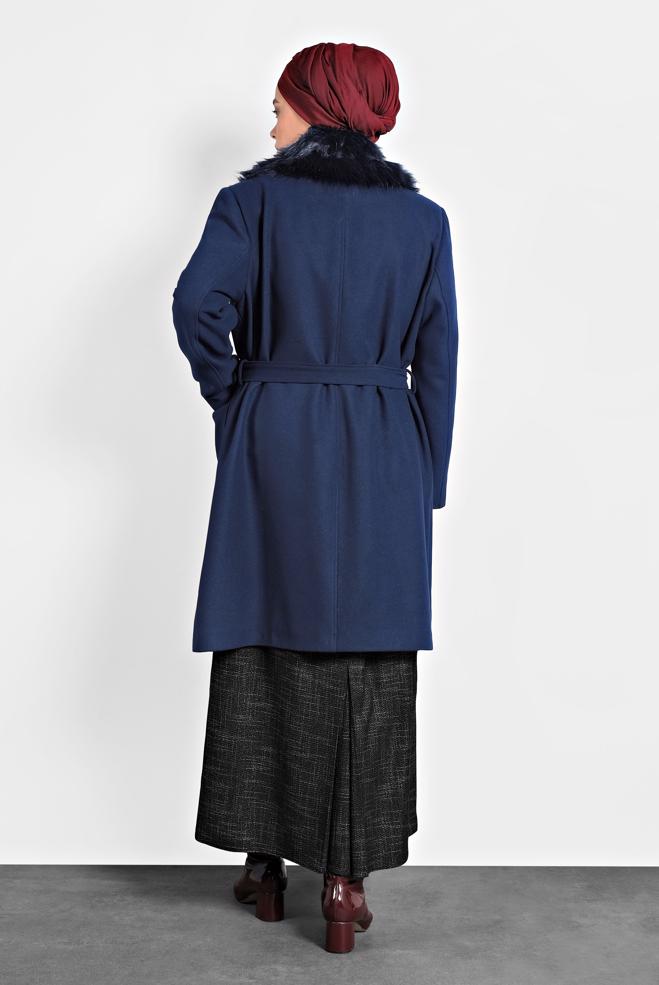 Female Navy blue FAUX-FUR COLLAR BELTED COAT 90069 