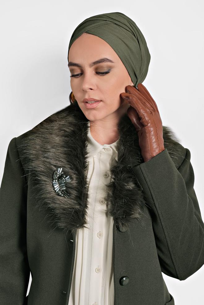 Female khaki FAUX-FUR COLLAR BELTED COAT 90069 