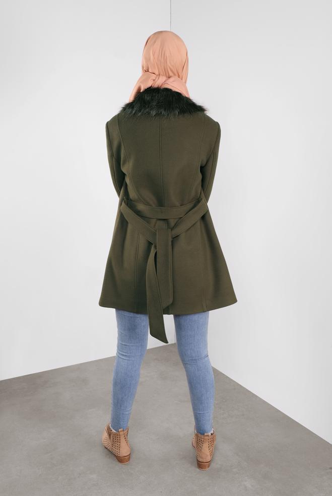 Femelle KAKI CABAN EN LAINE À COL EN EFFET FOURRURE 90130 